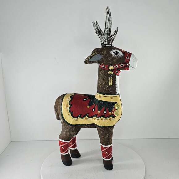 Hand Painted Papier Mache Reindeer Statue With Antlers Colorful Saddle Christmas - Picture 5 of 9